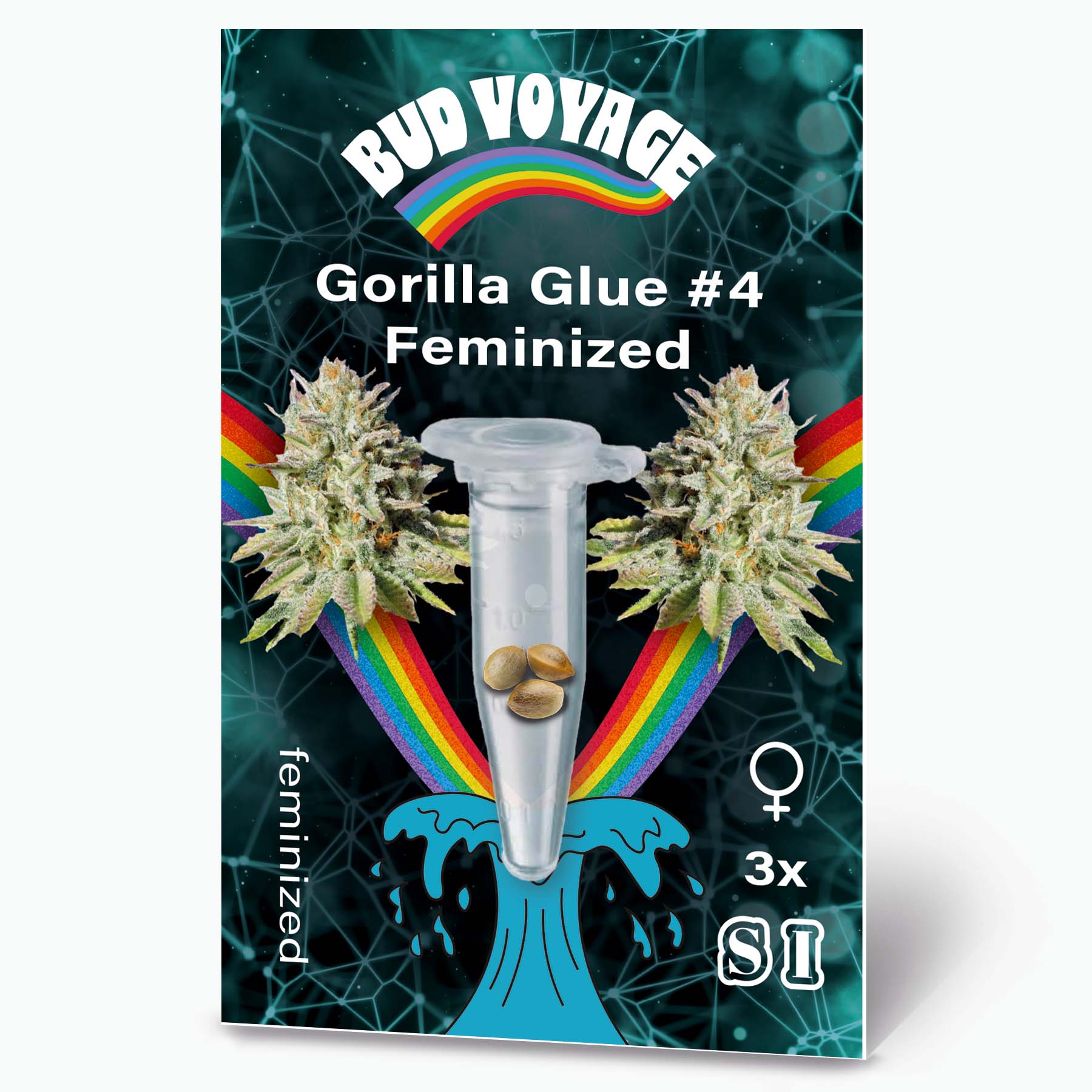 Grafický design Bud Voyage: feminizovaná semena konopí Gorilla Glue #4 ve zkumavce na pozadí duhových a tyrkysových vln s detailním květenstvím a třemi semeny.