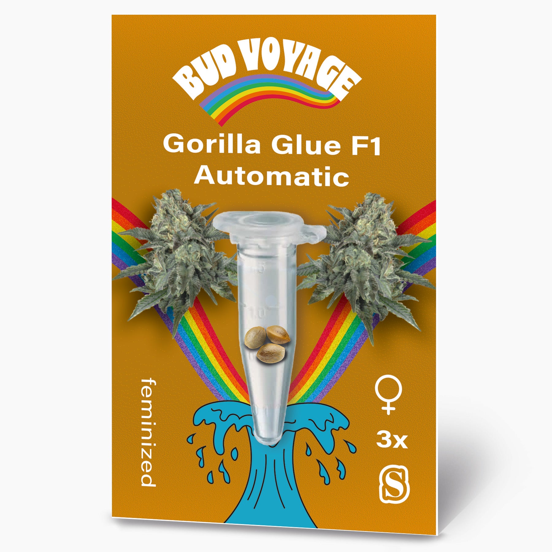 Grafický design Bud Voyage: Automatická semena Gorilla Glue F1, tři feminizovaná semena v mikrozkumavce na pozadí duhy a modré vlny, s detailními květy konopí a zlatým pozadím.