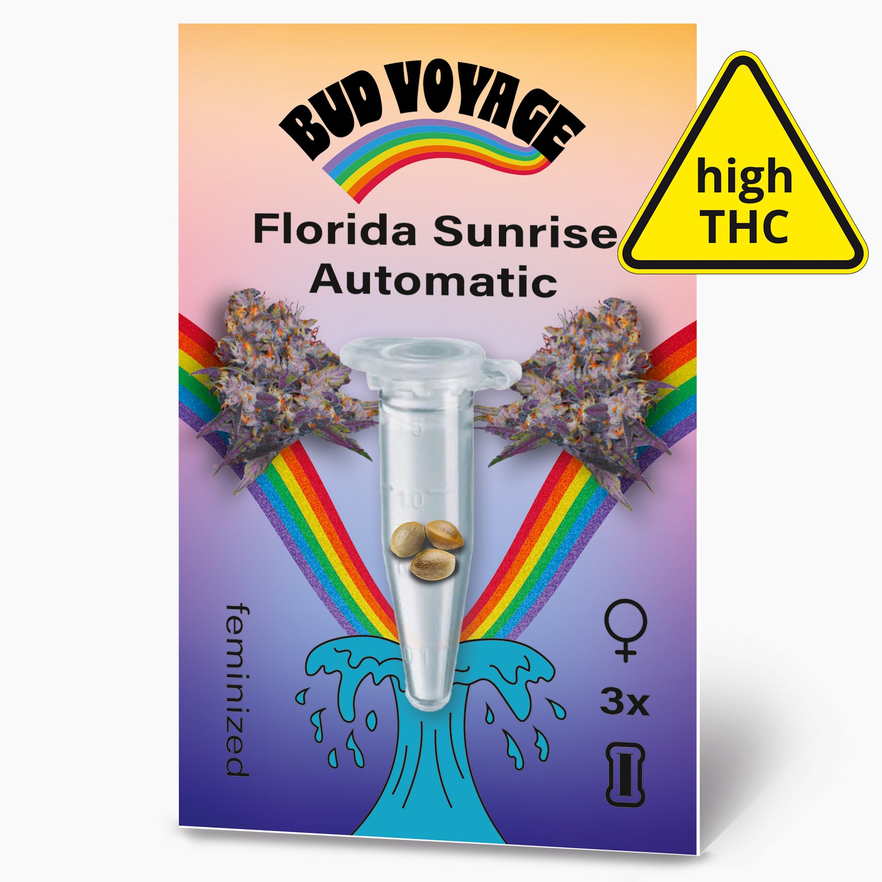 Digitální ilustrace Bud Voyage se semeny konopí Florida Sunrise Automatic ve zkumavce s živými duhovými a modrými vlnovými detaily na fialovém pozadí.