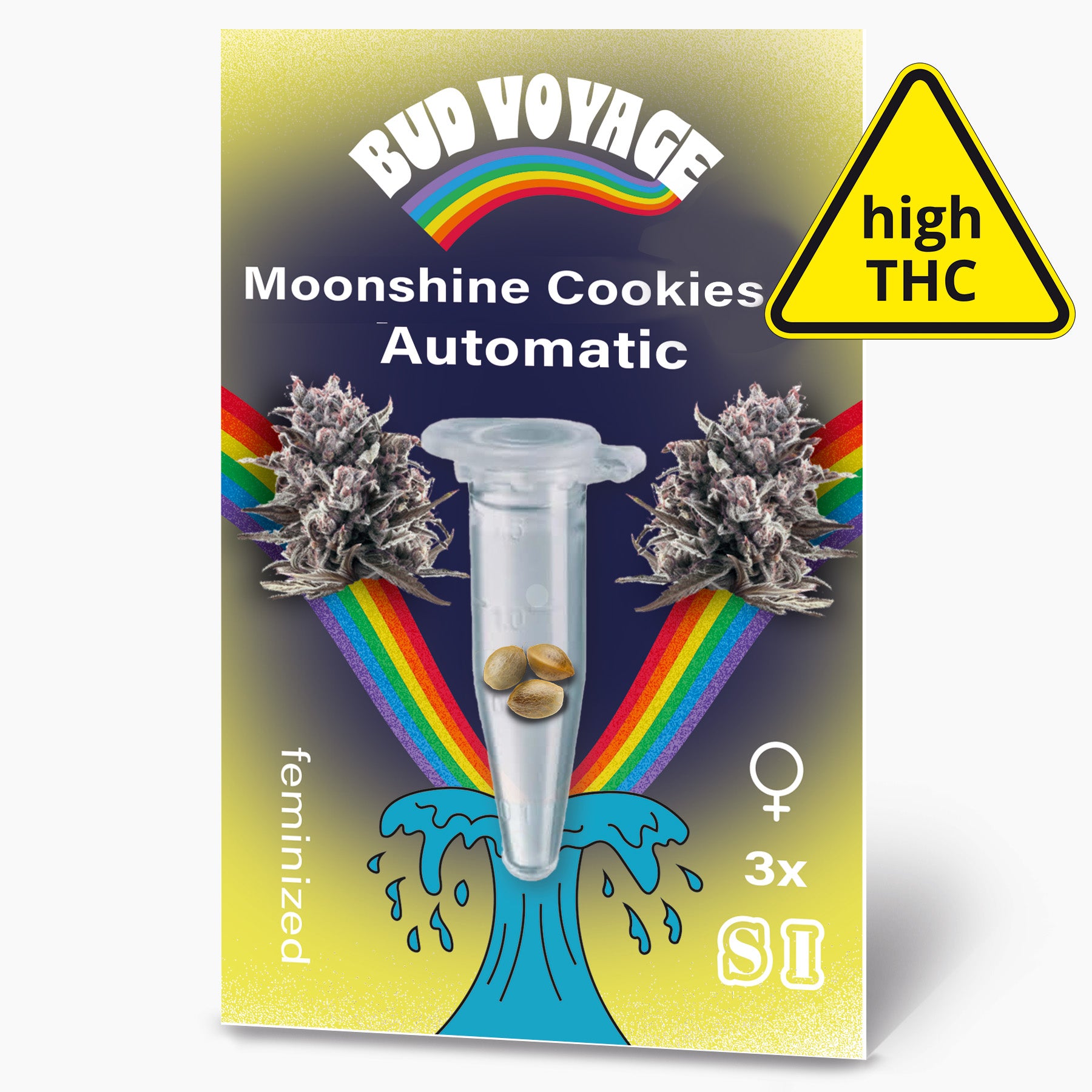 Bud Voyage Moonshine Cookies Automatické feminizované konopné semínko Obrázek balení zobrazuje zářivou duhu, zkumavku se semínky a stylizovanou vlnu s fialovými pupeny a varováním před vysokým obsahem THC.
