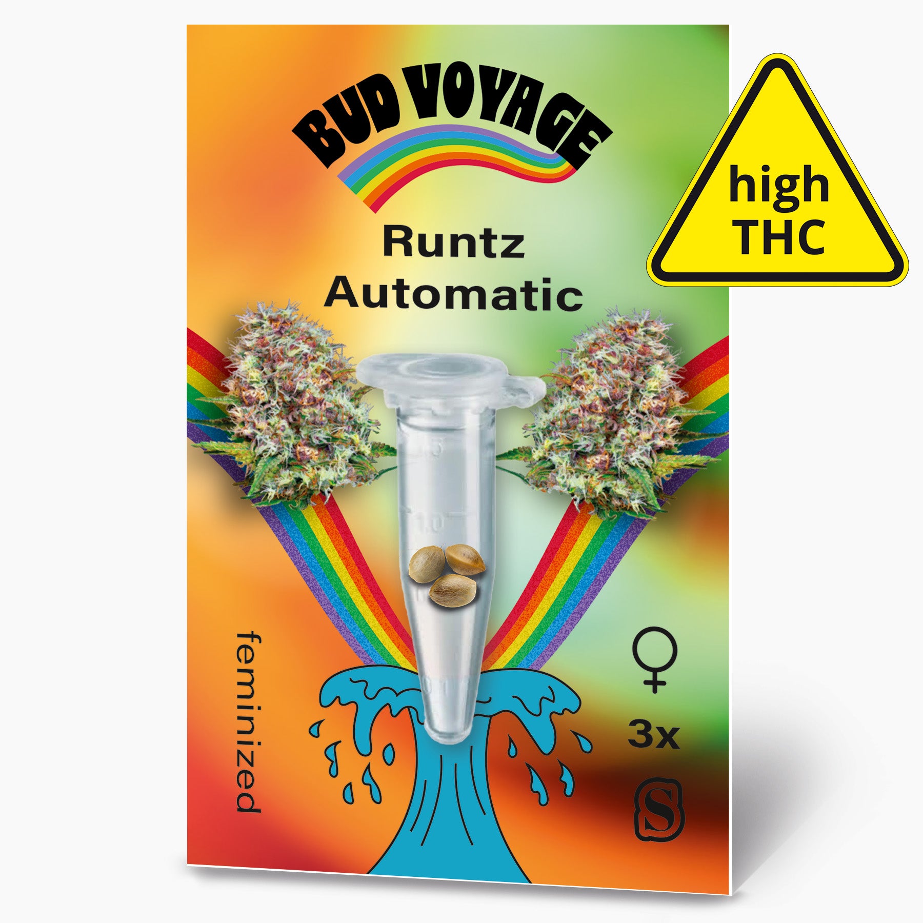 Sáčky s osivem Bud Voyage: Runtz Automatic konopná semínka, tři feminizovaná semínka ve zkumavce, před duhou a modrou vlnou květů marihuany.
