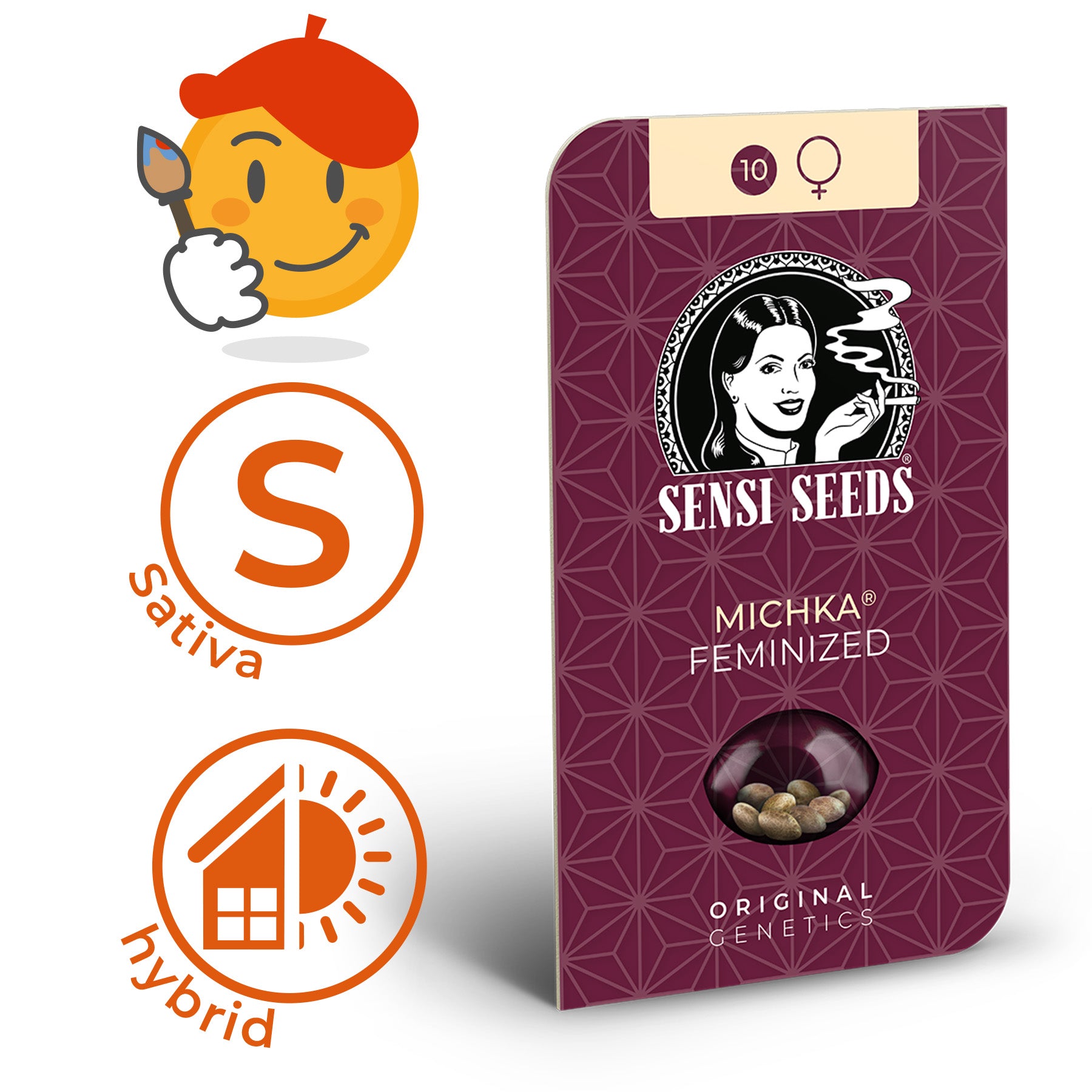 Grafika produktu Sensi Seeds: Na obrázku je vyobrazena žena s cigaretou a deset semínek v kapsli.
