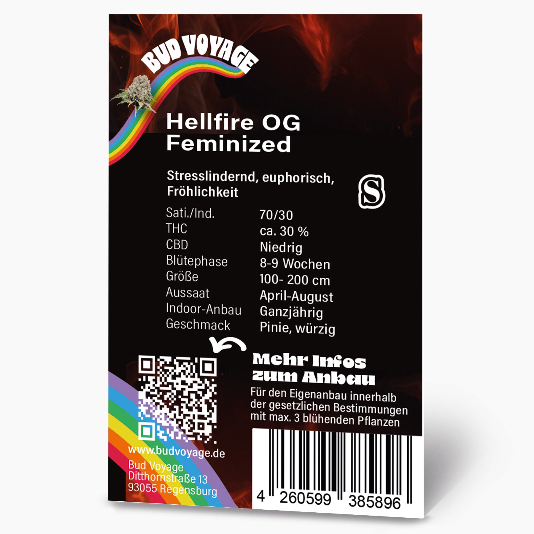 Grafický design Bud Voyage, obal feminizovaného konopí Hellfire OG s duhou, plamenným pozadím a QR kódem pro informace o pěstování
