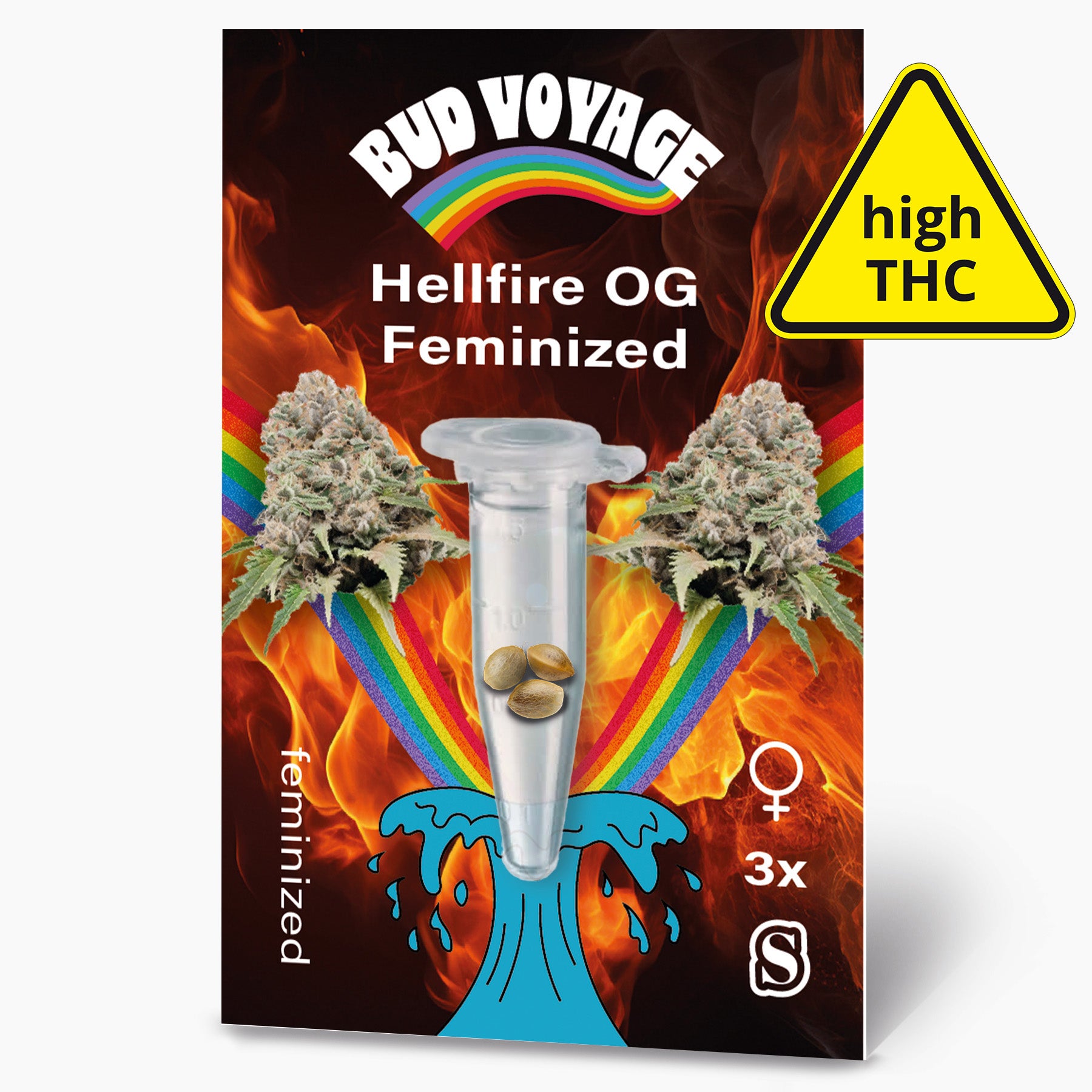 Obrázek Bud Voyage zobrazuje feminizovaná semena konopí Hellfire OG ve zkumavce na ohnivém pozadí s duhou a zářivě modrou vodní tříští.
