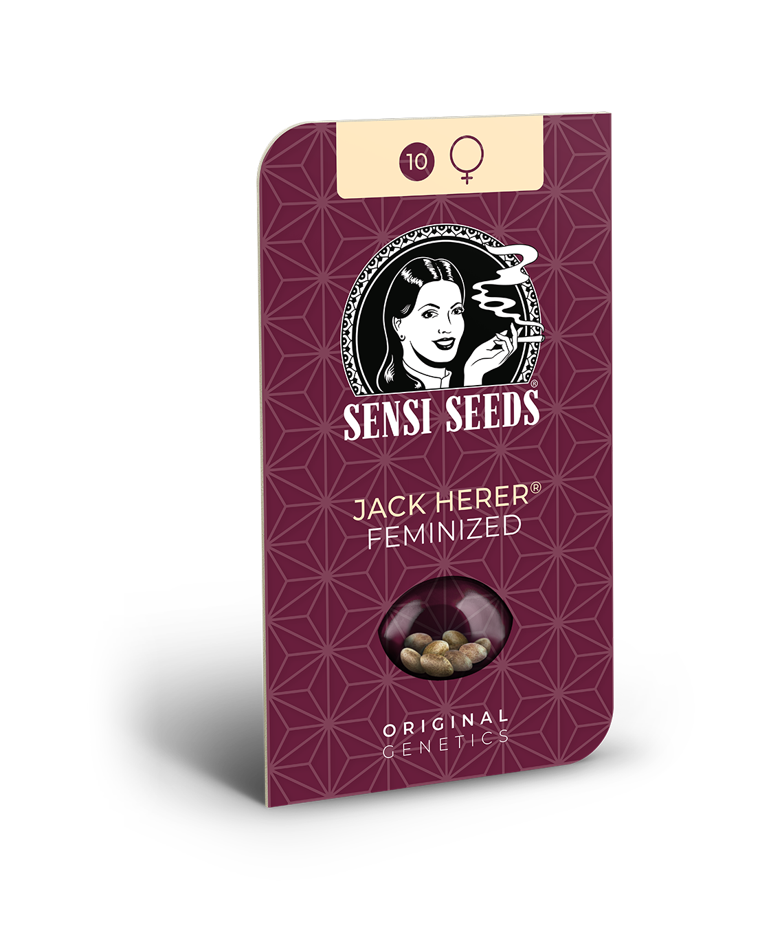 Obrázek produktu Sensi Seeds: feminizovaná semena Jack Herer ve vínových obalech s grafikou ženy, deseti semeny a geometrickým vzorem.