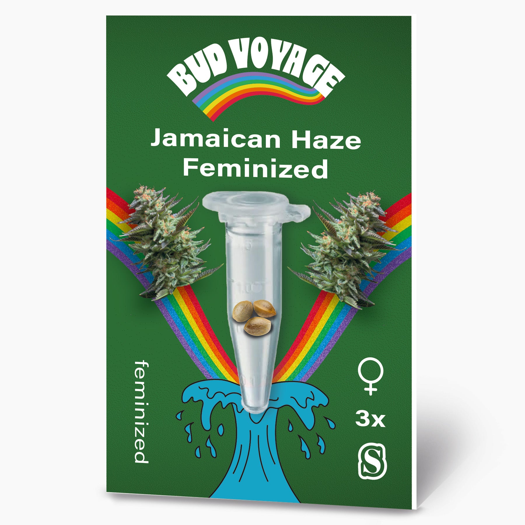 Grafika Bud Voyage: Jamaican Haze feminizovaná semena ve zkumavce s duhovými a námořními motivy tři semena tři samičí rostliny zelená barva pozadí