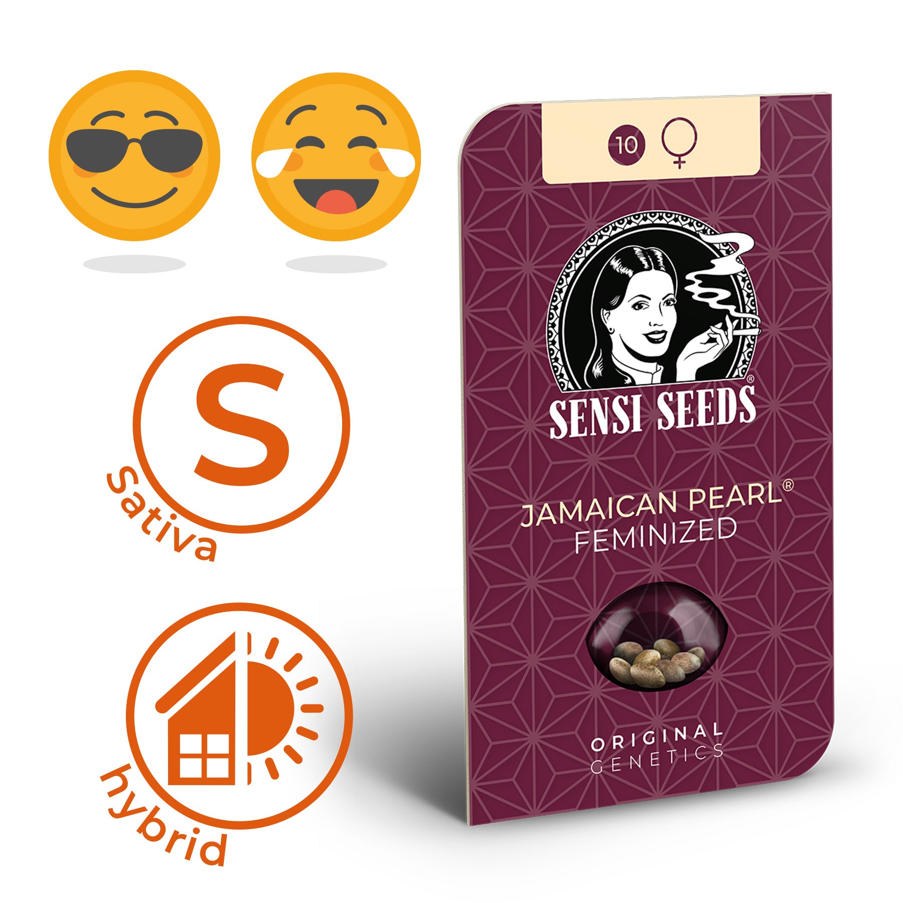 Balení Sensi Seeds obsahuje feminizovaná semena konopí Jamaican Pearl se stylizovanou ženou, vínovým geometrickým vzorem a malými hnědými semínky v průhledné kapsli.
