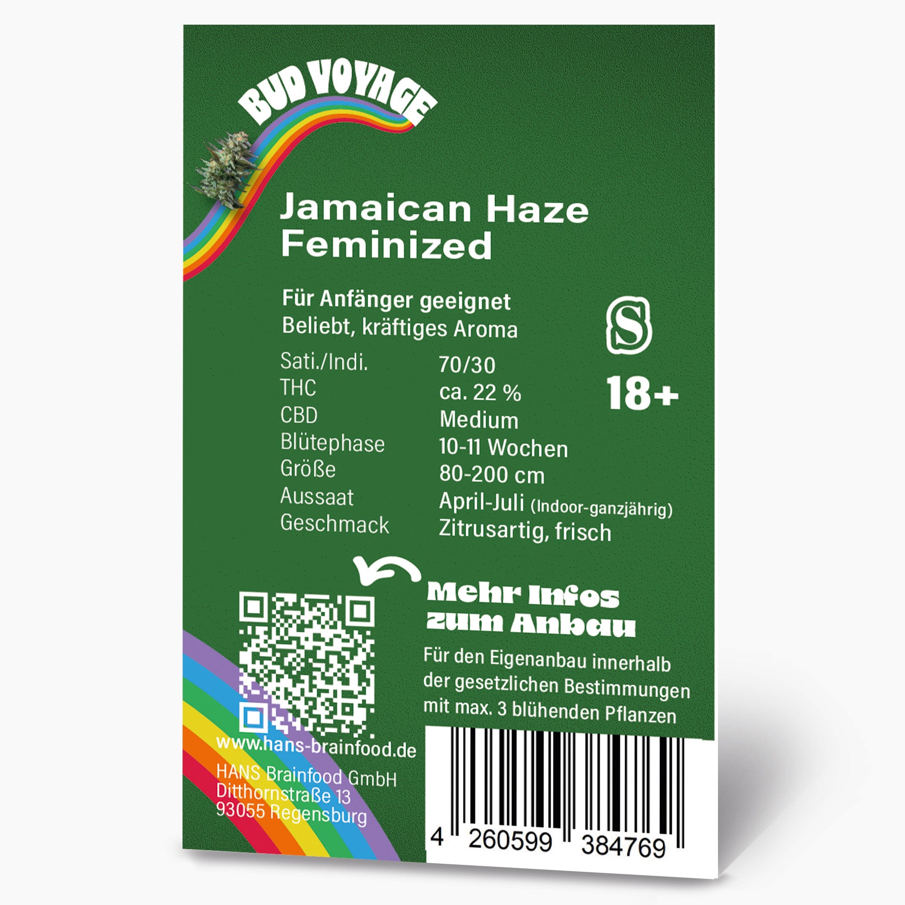 Grafický návrh od Bud Voyage zobrazuje feminizovaná semena konopí Jamaican Haze s duhou, QR kódem a čárovým kódem na zeleném pozadí.
