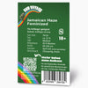 Grafický návrh od Bud Voyage zobrazuje feminizovaná semena konopí Jamaican Haze s duhou, QR kódem a čárovým kódem na zeleném pozadí.
