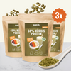 Produktfoto von Hans Bio 60% Kürbisproteinpulver, drei Packungen, Smoothie-Schale, Kürbiskernen und Bio-Siegel, zeigt ein hellgrünes Pulver in einer weißen Löffel