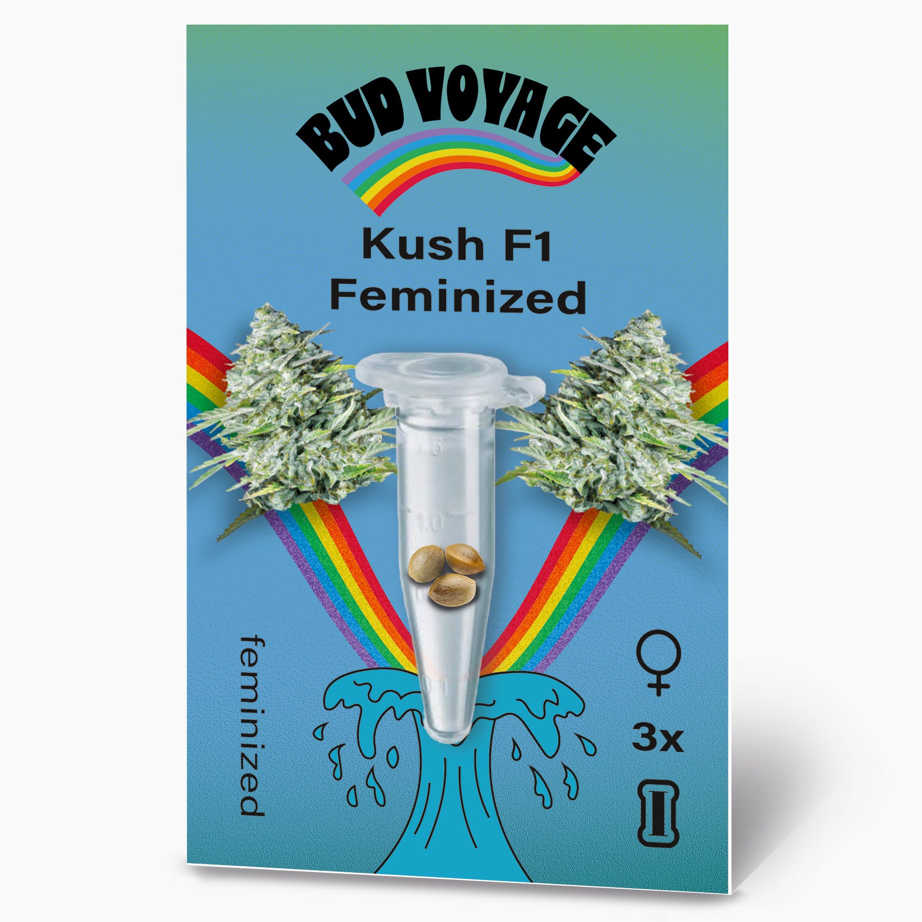 Balíček feminizovaných semen Bud Voyage Kush F1 zobrazuje květy marihuany, tři semena ve skleněné tubě, duhu a vodopád na modrém pozadí.
