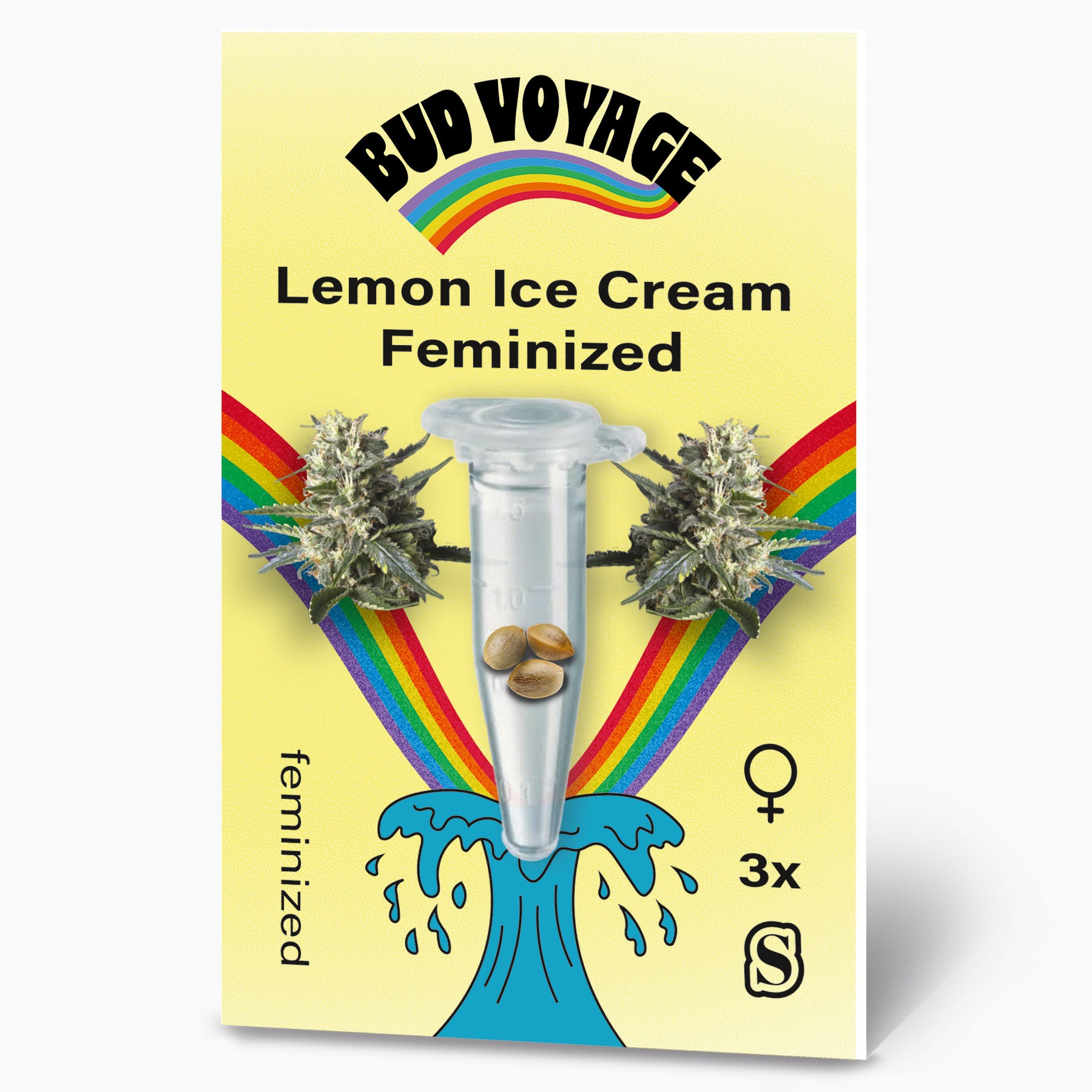 Sáčky s osivem Bud Voyage:  Lemon Ice Cream feminizovaná semena ve zkumavce s duhovým a vlnovým vzorem tři semena ve zkumavce žluté pozadí
