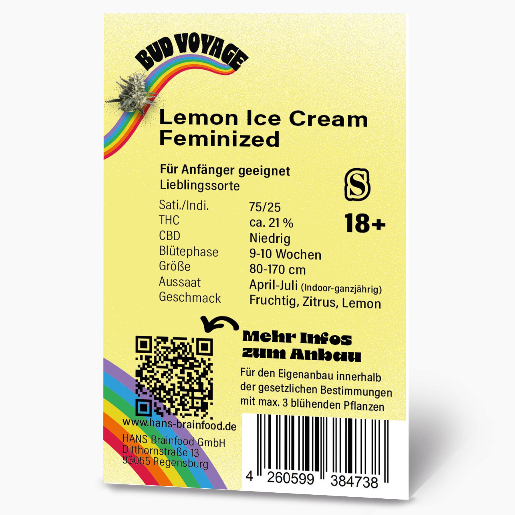 Grafický design od Bud Voyage: feminizovaná konopná semínka Lemon Ice Cream s duhou, stojanem s květinami marihuany a QR kódem s ovocnými, citrusovými a citronovými tóny.