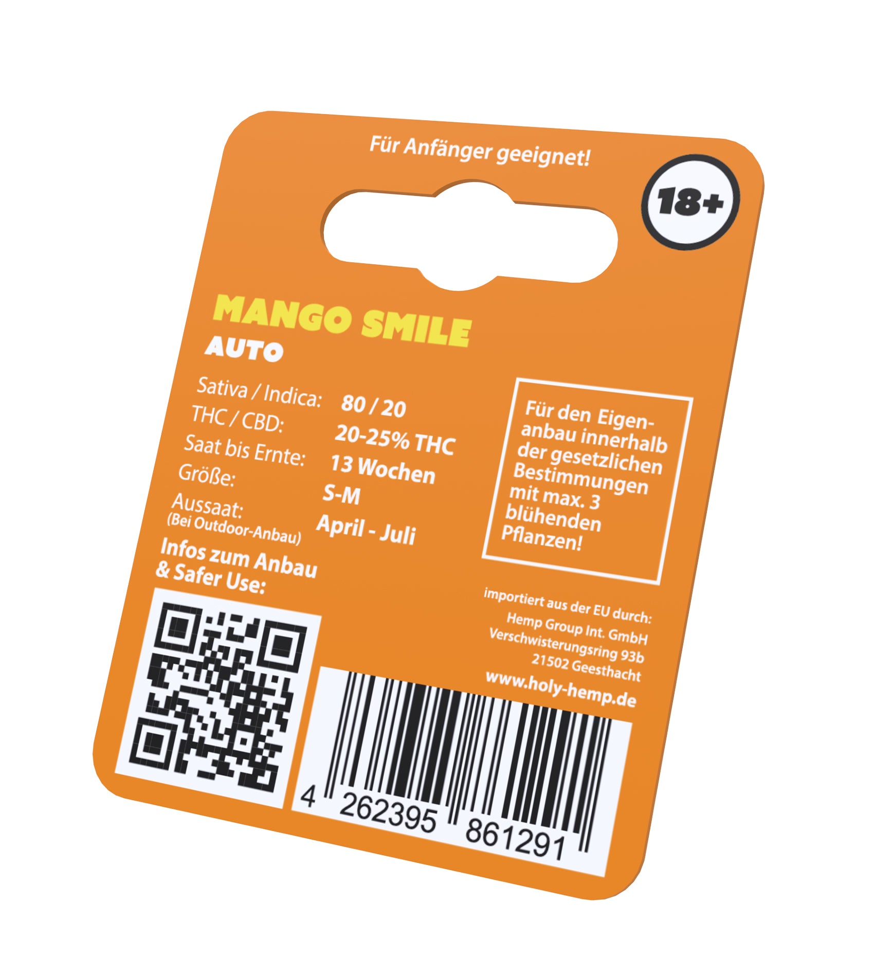 Digitální obrázek kartičky semen konopí Holy Hemp, Mango Smile Auto s QR kódem, čárovým kódem a informacemi o poměru sativa/indica, obsahu THC a době pěstování v jasně oranžovém a žlutém písmu.
