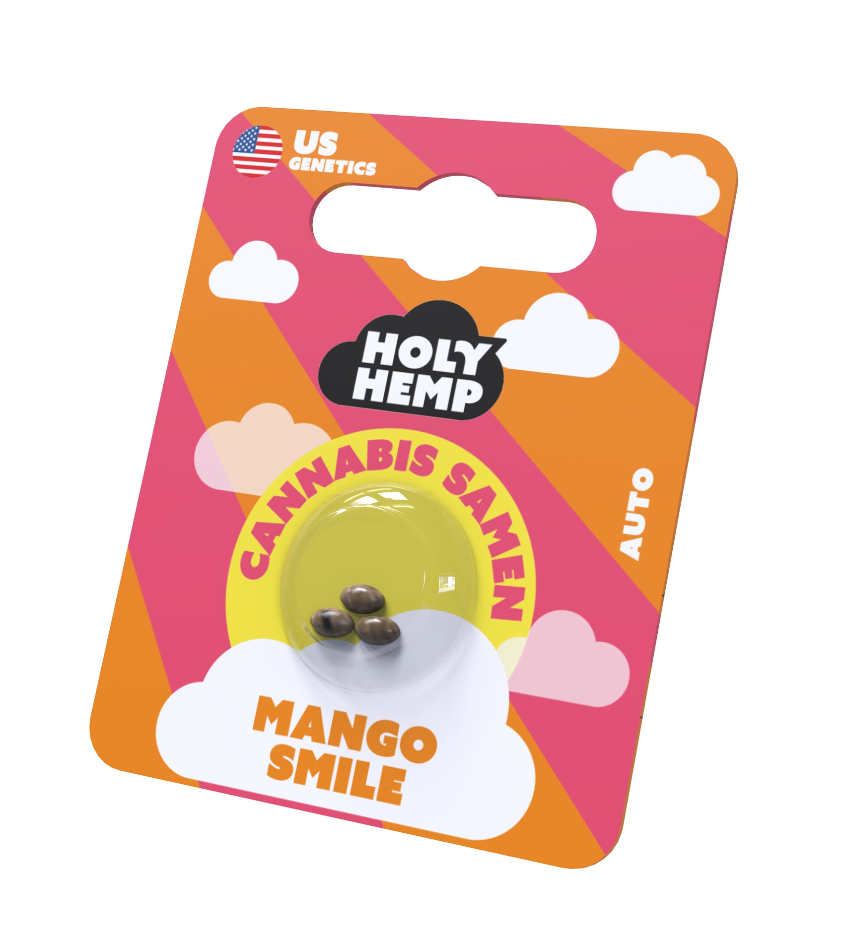Grafika produktu Holy Hemp zobrazuje tři semena konopí Mango Smile v průhledné kapsli na oranžovo-růžovém pozadí s bílými obláčky a logem US Genetics.