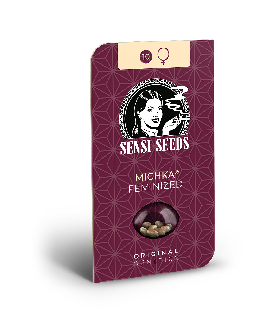 Obrázek produktu Sensi Seeds zobrazuje feminizovaná semena konopí Michka ve vínovém obalu s geometrickým vzorem, ilustrací ženy a deseti semeny v kapsli.
