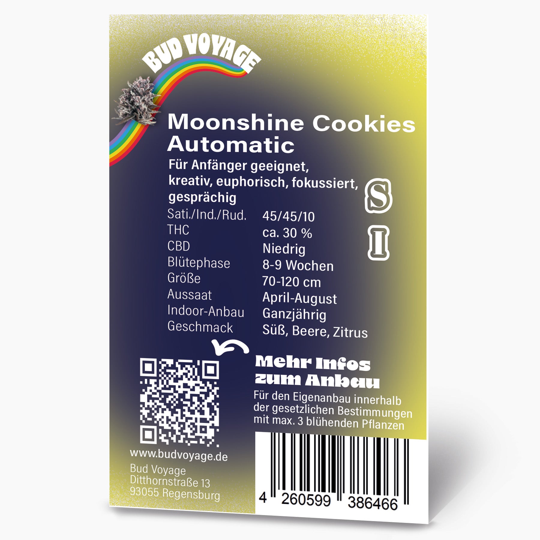 Bud Voyage Produktgrafik zeigt Moonshine Cookies Automatic Cannabispflanze mit Regenbogen und süßen, beerigen, zitrusartigen Farbakzenten vor dunklem Hintergrund
