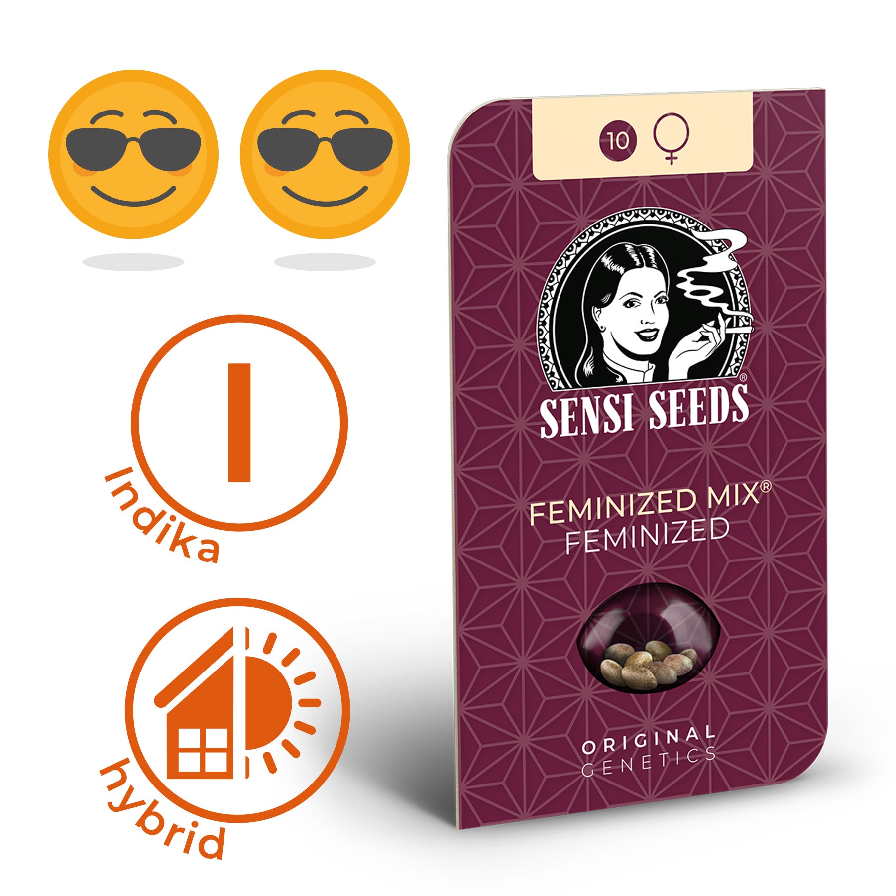 Obrázek produktu Sensi Seeds: feminizovaná směs semen konopí v tmavě červeném obalu s ilustrací ženy kouřící cigaretu, označením indica a hybrid a deseti semeny v kapsli na bílém pozadí.
