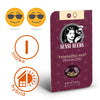 Obrázek produktu Sensi Seeds: feminizovaná směs semen konopí v tmavě červeném obalu s ilustrací ženy kouřící cigaretu, označením indica a hybrid a deseti semeny v kapsli na bílém pozadí.
