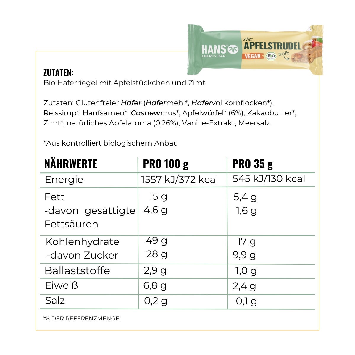 Obrázek výrobku zobrazující veganskou energetickou tyčinku Hanso Apfelstrudel s kousky jablek a skořicí a nutričními údaji včetně údajů o energetické hodnotě, obsahu tuku, sacharidů a vlákniny.

