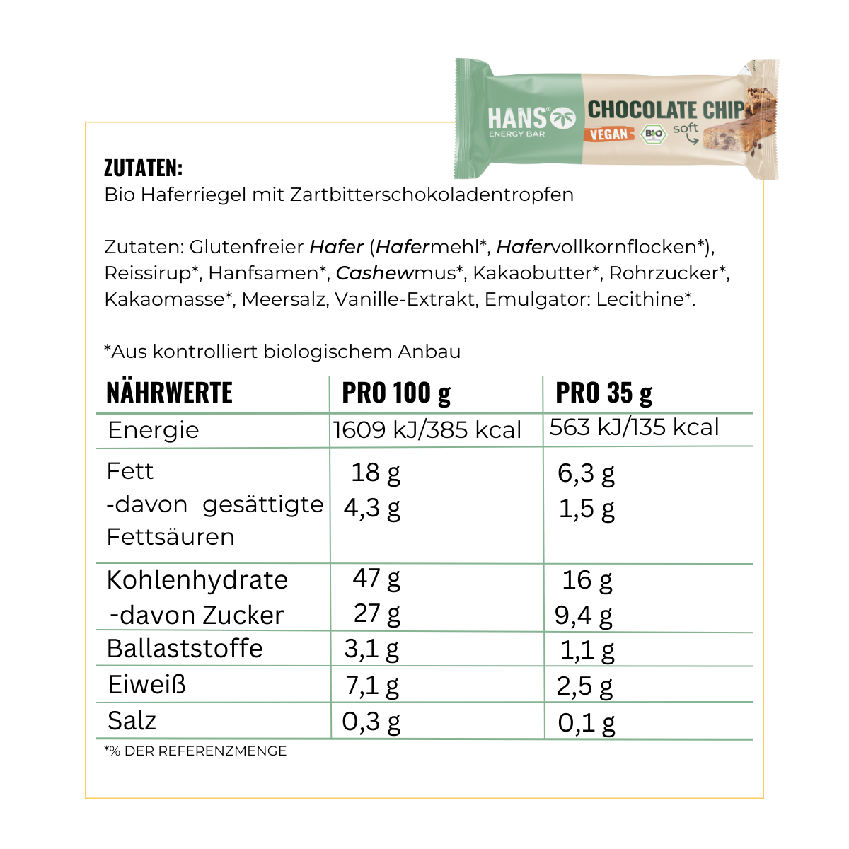 Produktová fotografie veganské tyčinky Hans Energy Bar Chocolate Chip s nutričními údaji, s kousky hořké čokolády, krémovými kešu a zeleným nádechem na obalu.
