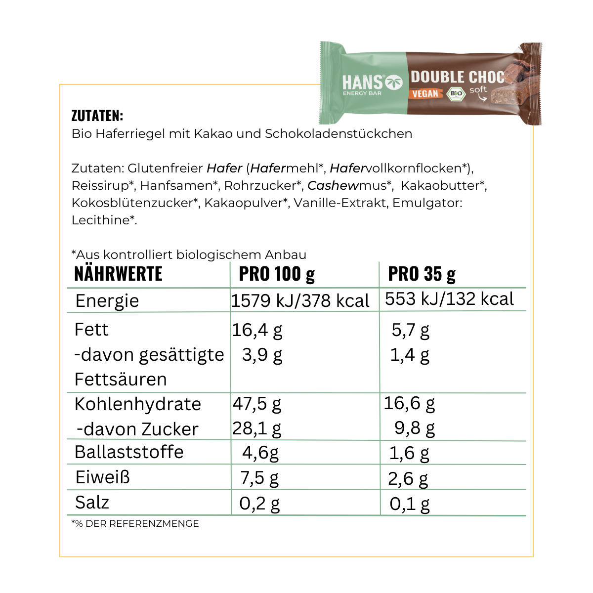 Snímek produktu Hans Energy Bar Double Choc veganská tyčinka s hnědým obalem a zelenými akcenty, na kterém jsou uvedeny výživové údaje.
