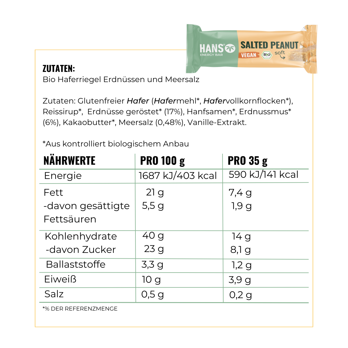 Snímek výrobku Hans Energy Bar Salted Peanut veganská tyčinka zobrazující nutriční informace s jemnými béžovými a zelenými tóny a podrobným seznamem složek.
