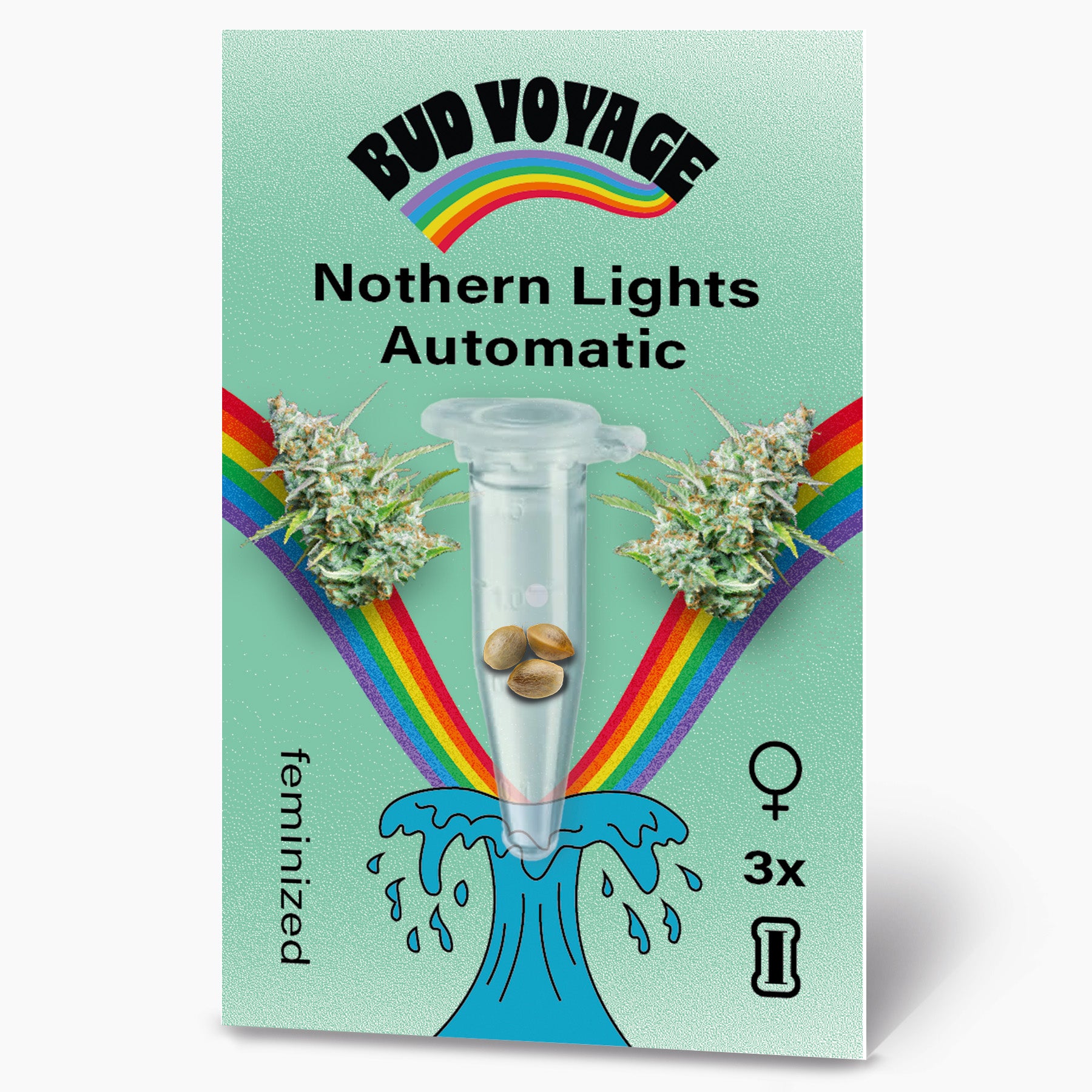 Ilustrace Bud Voyage: Northern Lights Automatická semena konopí ve zkumavce s duhou a vlnami, tři feminizovaná semena, pastelově zelené pozadí
