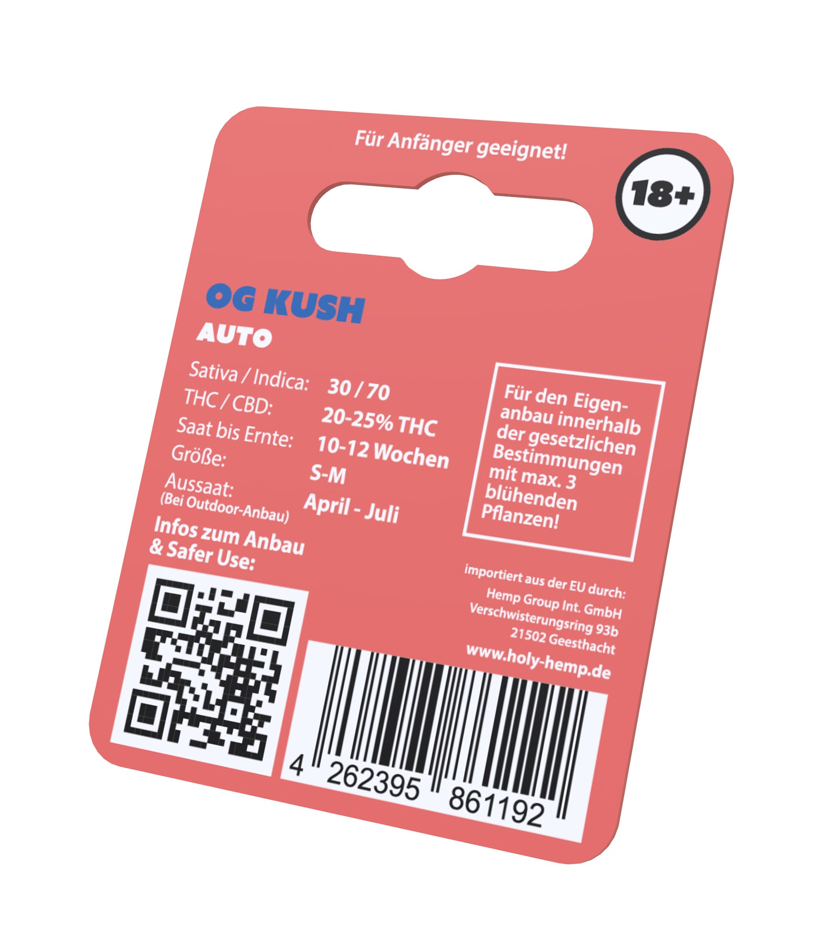 Digitales Bild, OG Kush Auto-Hanfsamen-Etikett, zeigt Informationen zum Anbau,  einen QR-Code, einen Barcode, und auffällige Details wie die rosafarbene Hintergrundfarbe, die  "18+" Kennzeichnung und die klare Schrift  
