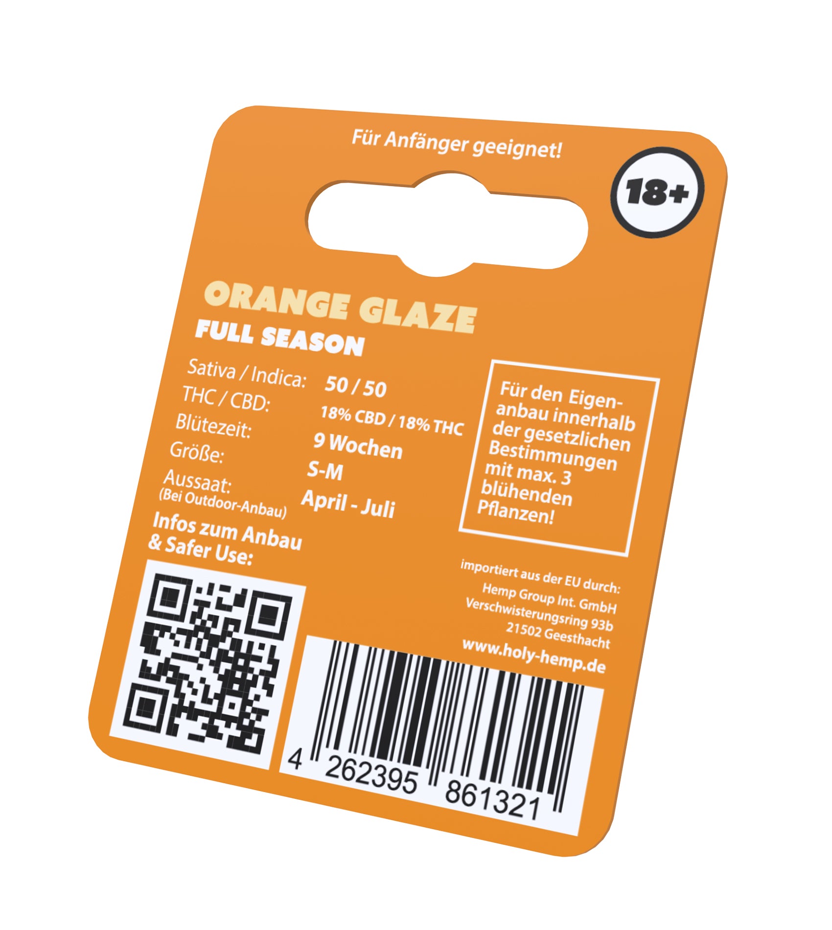 Produktbild von Holy Hemp: Orange Glaze Hanfsaatgut-Verpackung mit QR-Code, Barcode, und Angaben zu THC und CBD Gehalt in leuchtendem Orange und Schwarz
