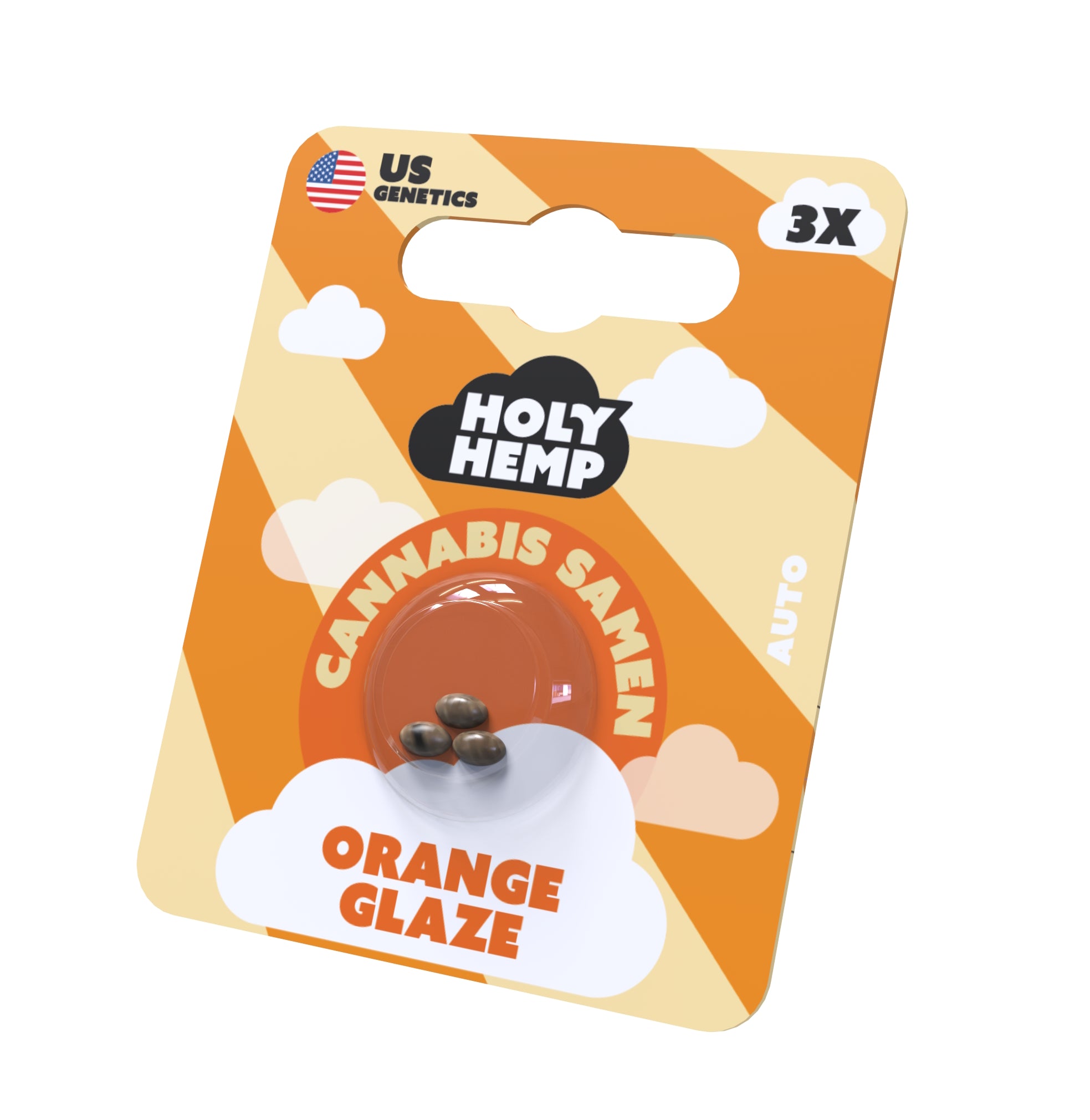 Vystavení produktů US Genetics: tři semínka konopí Holy Hemp Orange Glaze v oranžovém obalu s mraky a americkou vlajkou.
