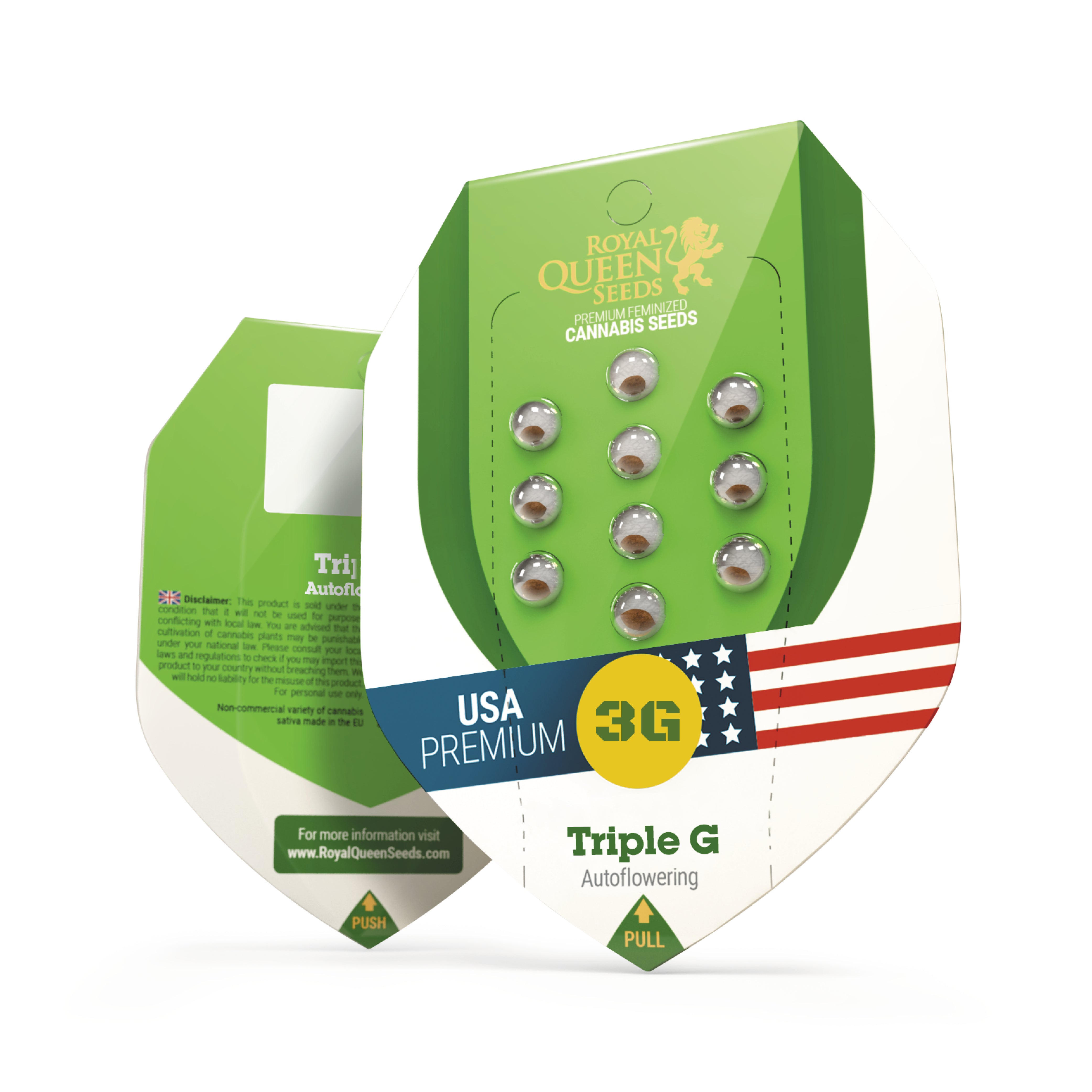 Obrázek produktu Royal Queen Seeds: samonakvétací semena konopí Triple G v prémiovém balení USA se zelenou a bílou barvou a americkou vlajkou.
