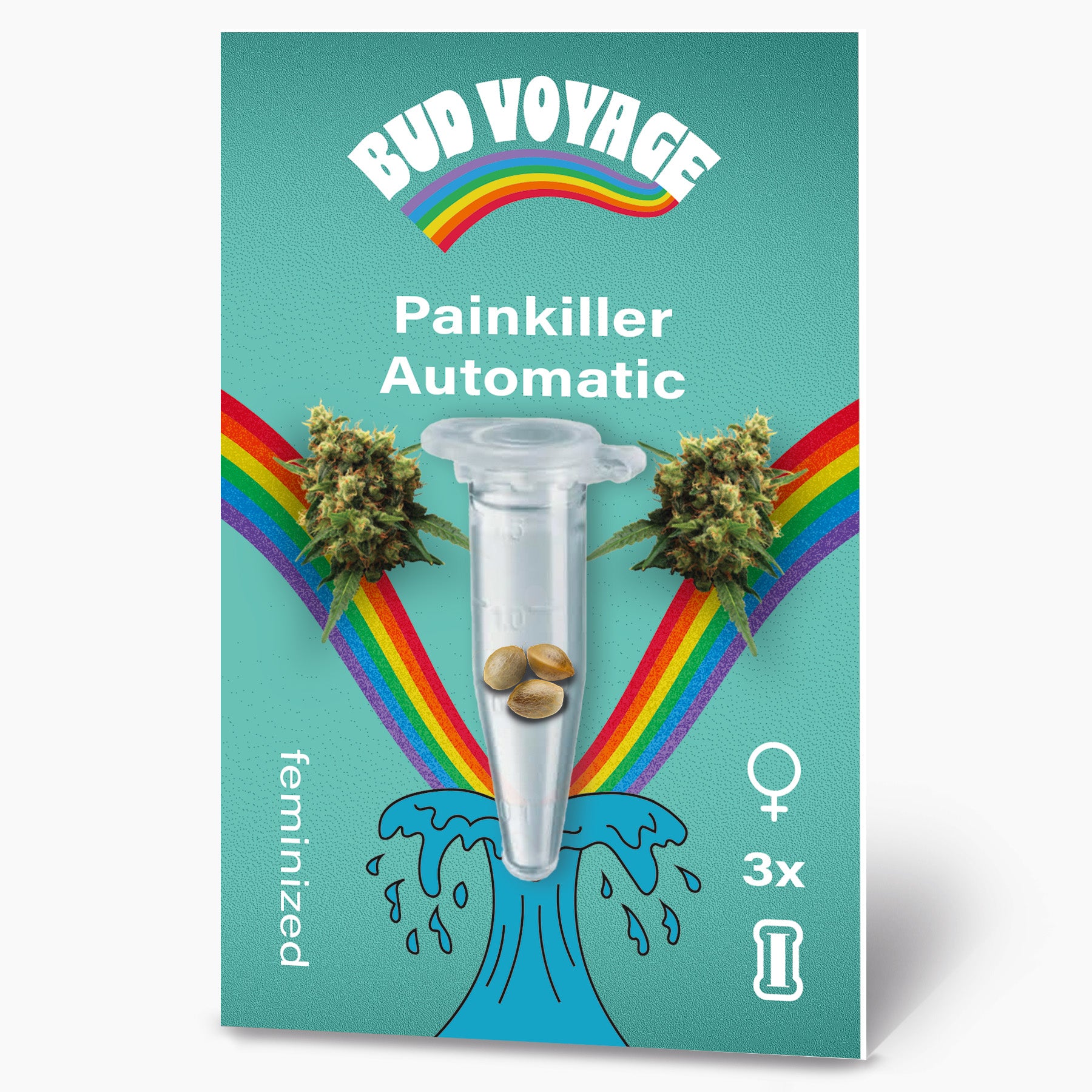 Feminizovaná semínka konopí Painkiller Automatic s grafickým designem Bud Voyage zobrazená ve zkumavce se zářivými duhami a stylizovanou vlnou se třemi skvrnitými semínky a teal pozadím.
