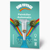 Feminizovaná semínka konopí Painkiller Automatic s grafickým designem Bud Voyage zobrazená ve zkumavce se zářivými duhami a stylizovanou vlnou se třemi skvrnitými semínky a teal pozadím.
