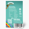Graphic design featuring a vibrant rainbow, cannabis bud, and product details for Painkiller Automatic seeds, highlighting fruity and citrusy flavors and a 7-8 week flowering period.

