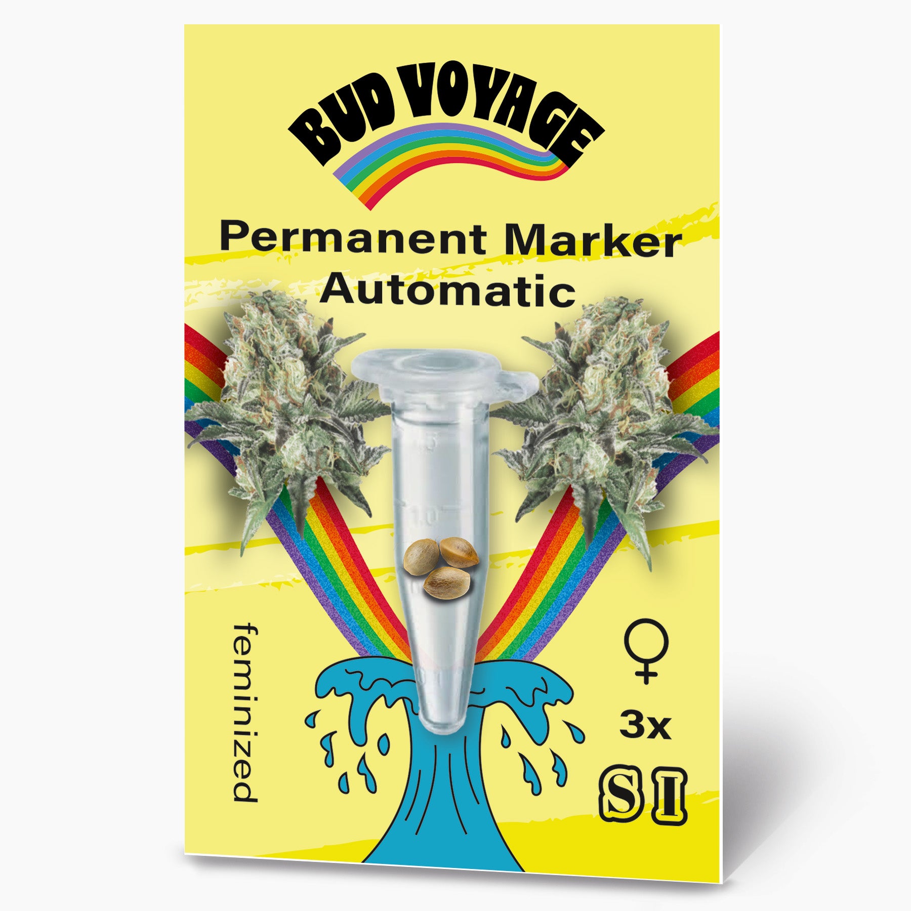 Bud Voyage Samenpackung zeigt drei feminisierte Cannabis Samen in einer transparenten Plastikröhre vor einem Regenbogen und maritimen Wellenmuster
