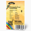 Bud Voyage graphic design, Pineapple Fruz feminized cannabis product packaging showing a rainbow, a cannabis bud, and a QR code with location details
