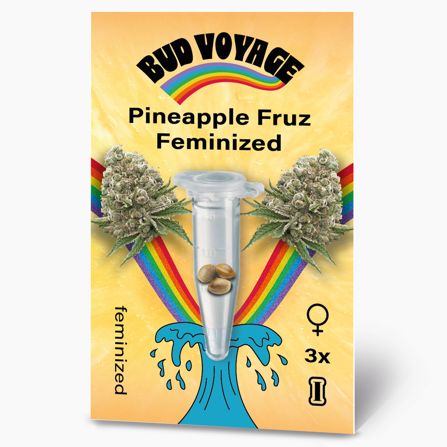 Bud Voyage graphic design showing Pineapple Fruz feminized cannabis seeds in a test tube with vibrant rainbow and stylized wave details

