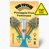 Balení konopných semínek Bud Voyage Pineapple Fruz Feminizované konopí zobrazuje tři semínka ve zkumavce mezi dvěma poupaty konopí na duhovém pozadí se stylizovanou vlnou a upozorněním na vysoký obsah THC.
