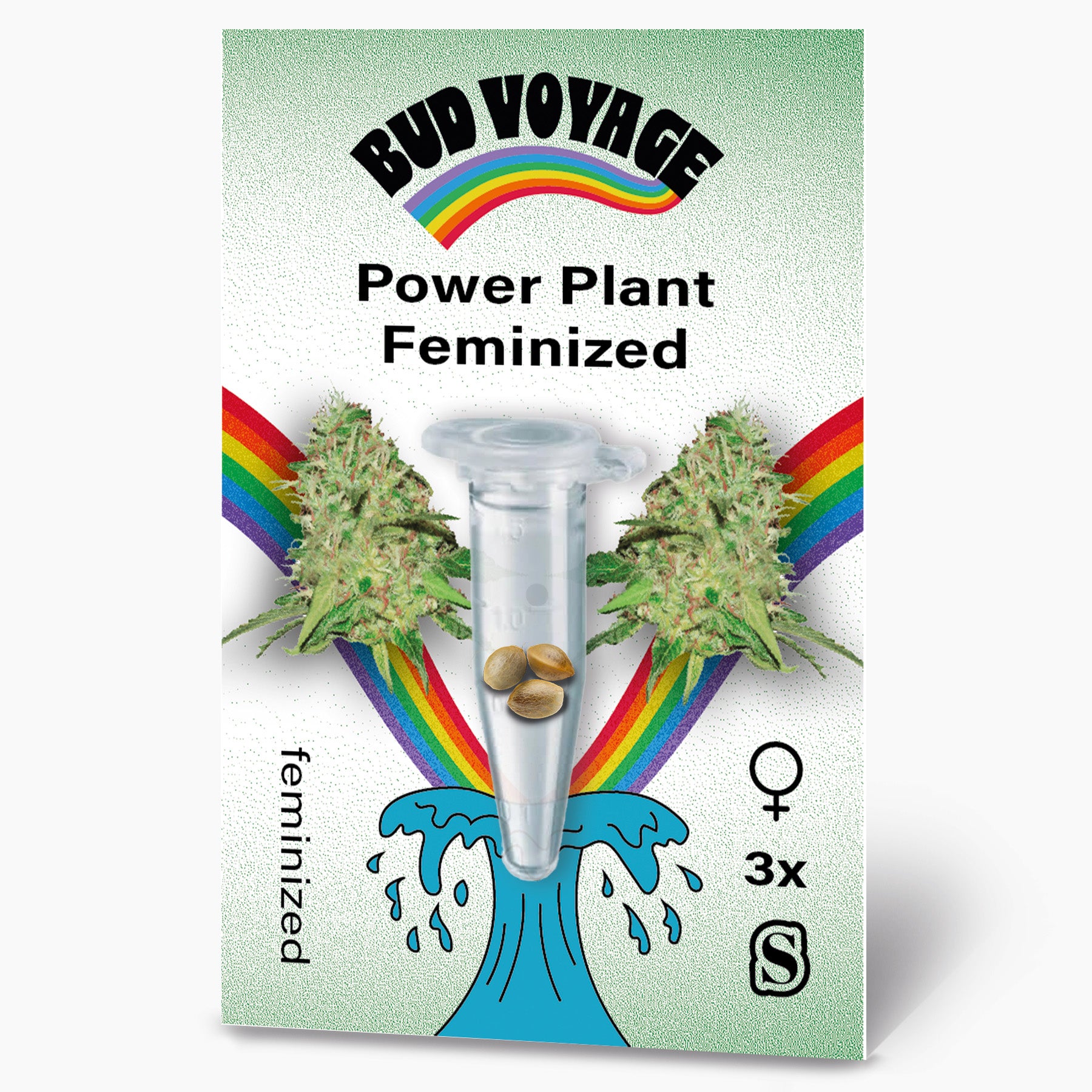 Bud Voyage Power Plant Feminized seed packaging featuring cannabis buds, three seeds in a test tube, a vibrant rainbow, and a stylized wave design
