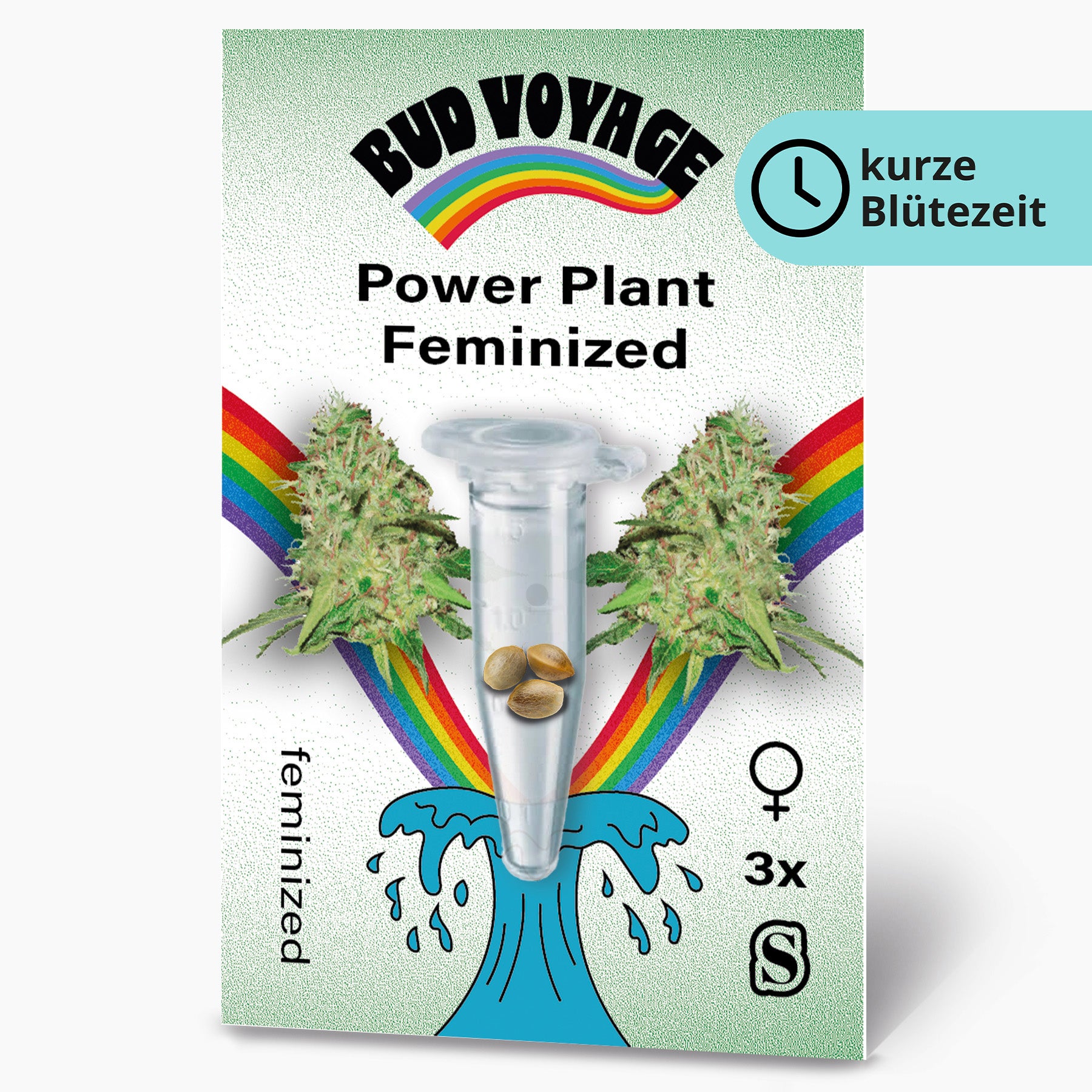 Balení feminizovaných semen Bud Voyage Power Plant zobrazuje poupata konopí, která lemují zkumavku se semeny na pozadí zářivé duhy a stylizované vlny, na níž jsou vyobrazena tři feminizovaná semena - duha a tyrkysová vlna.
