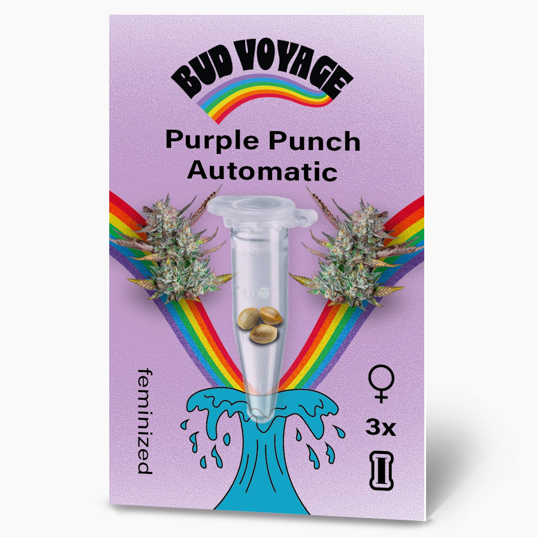 Bud Voyage: Digitální ilustrace zobrazující semena konopí Purple Punch Automatic ve zkumavce nad duhou a modrou vlnou se třemi feminizovanými semeny na fialovém pozadí.