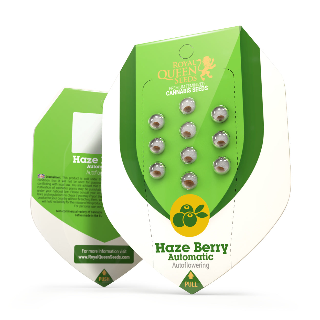 Grafický design od Royal Queen Seeds zobrazuje balíček semen konopí Haze Berry Automatic s jasně zelenými prvky, deseti průhlednými semennými lusky a zlatožlutým logem bobule na bílém pozadí.
