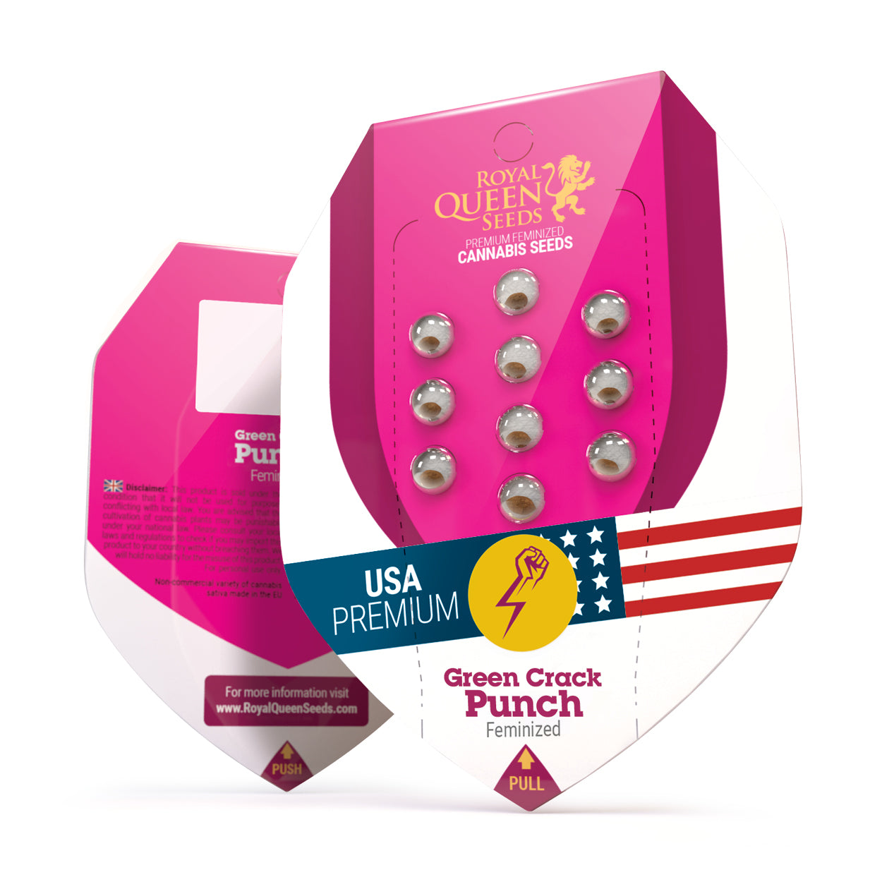 Na obalu semen Royal Queen Seeds jsou feminizovaná semena konopí Green Crack Punch v růžovém obalu s motivem vlajky USA a žlutého blesku.  
