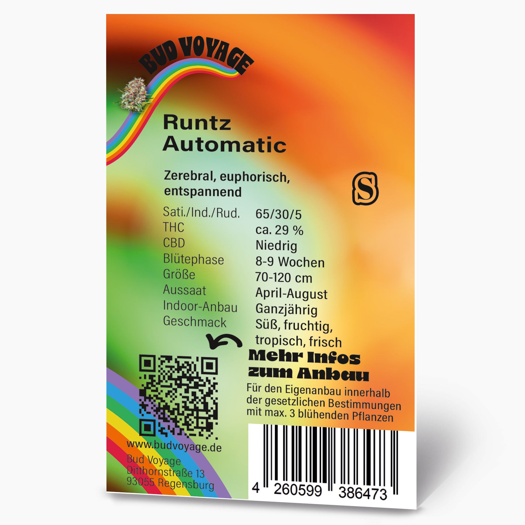 Bud Voyage Produktgrafik zeigt Runtz Automatic Hanfsamen mit Regenbogen, QR-Code und Barcode auf orangefarbenem Hintergrund  süßem, fruchtigem Geschmack und  8-9 Wochen Blütezeit
