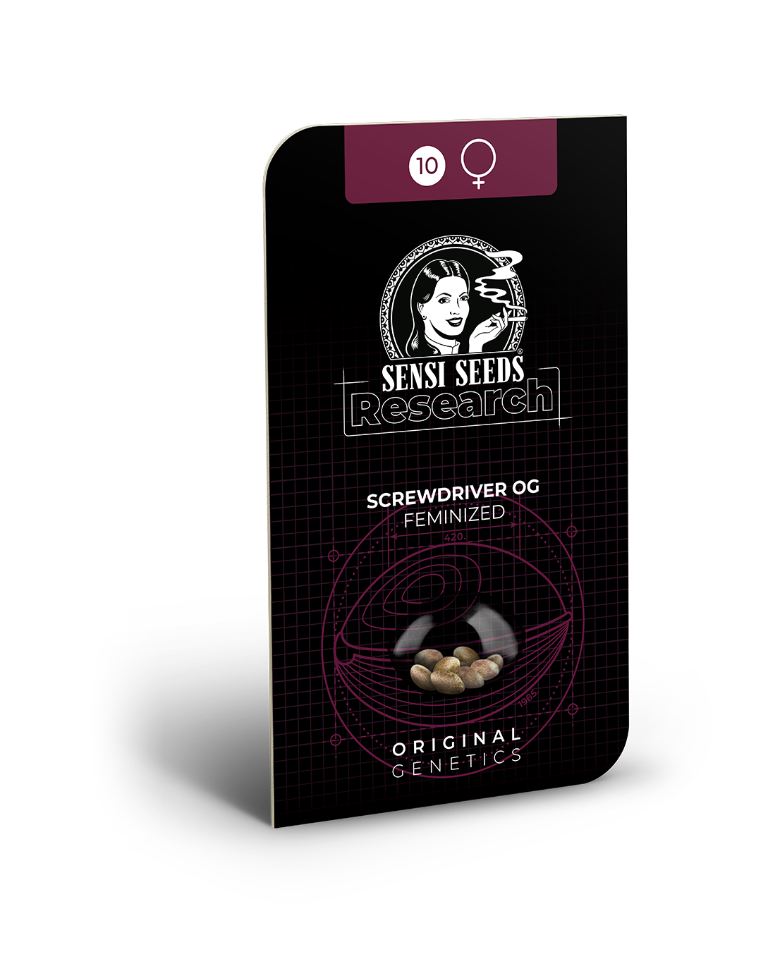 Grafika Sensi Seeds Research zobrazuje deset feminizovaných semen Screwdriver OG v tmavě červeném a černém balení s retro ženou a výraznými růžovými detaily na grafickém pozadí.
