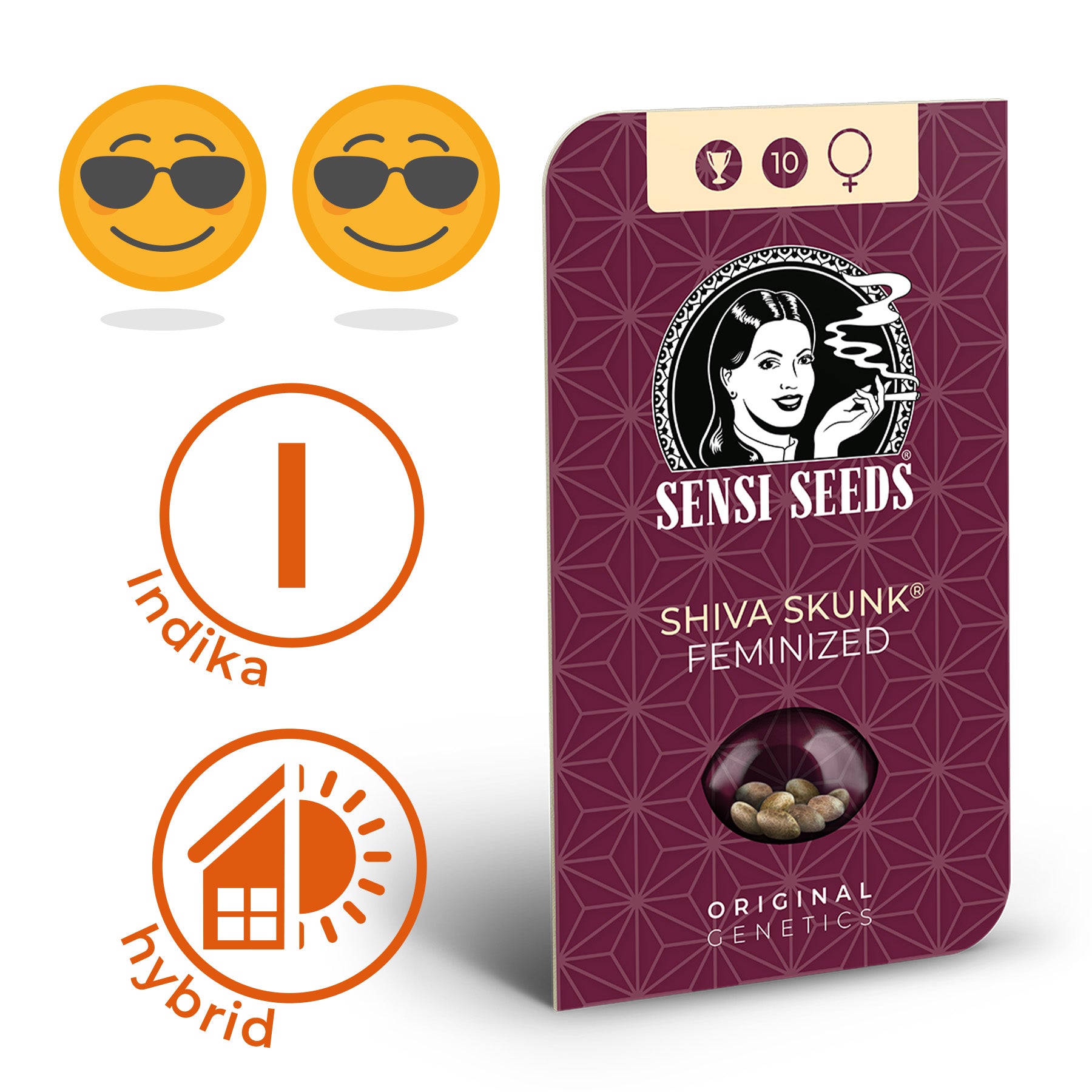 Obrázek produktu Sensi Seeds zobrazuje feminizovaná semínka Shiva Skunk ve vínovém obalu s ilustrací ženy a geometrickým vzorem, stejně jako detaily, jako je typ indica a původní genetika.

