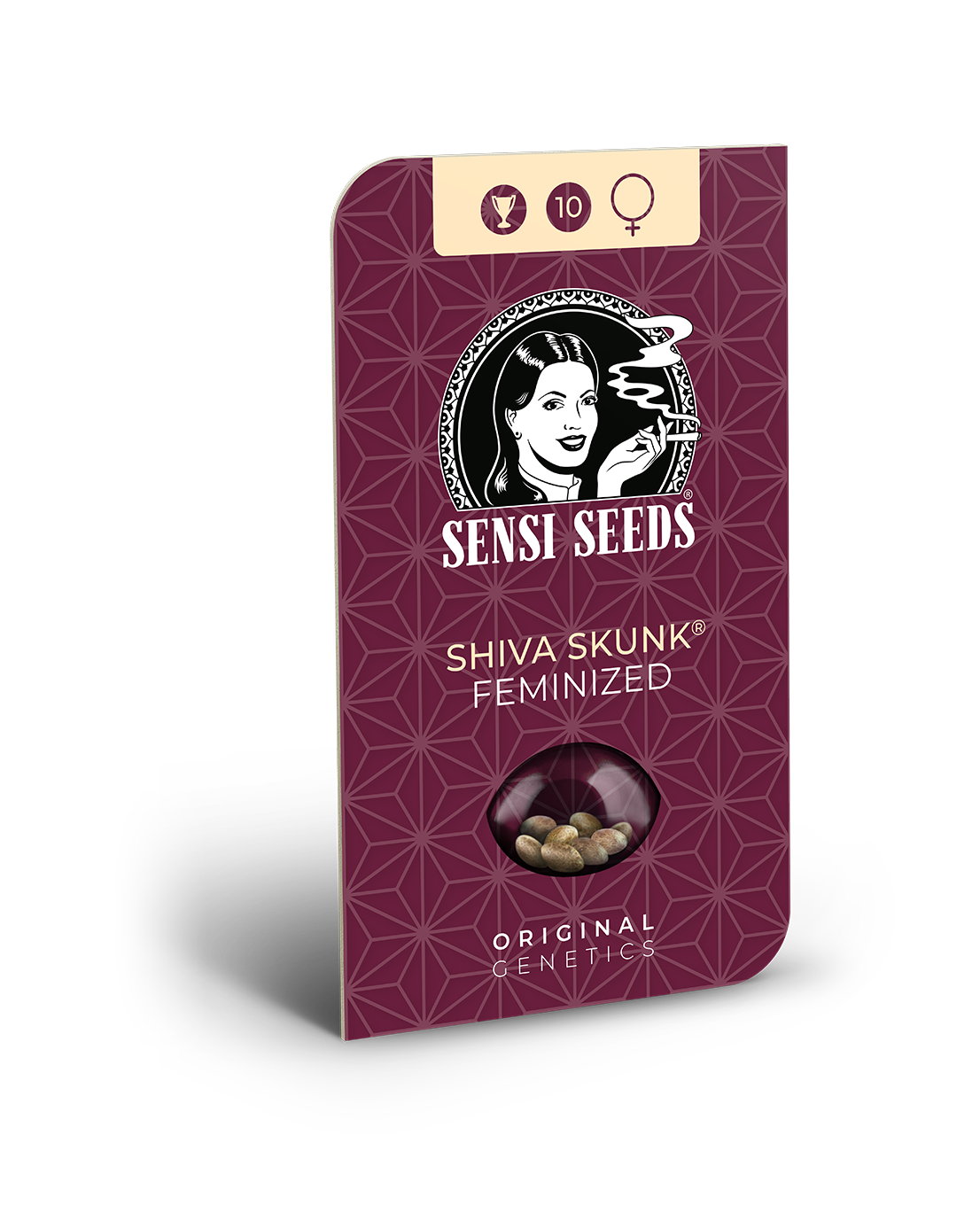 Balení produktu Sensi Seeds obsahuje deset semen feminizovaných semen Shiva Skunk ve vínovém provedení s ilustrací ženy a geometrickými vzory.
