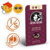 Obrázek produktu Sensi Seeds: feminizovaná semena konopí Skunk #1 v tmavě červeném obalu s geometrickým vzorem, semena jsou vidět v průhledné kapsli, viditelný je také obrázek ženy s cigaretou a nápis Original Genetics.
