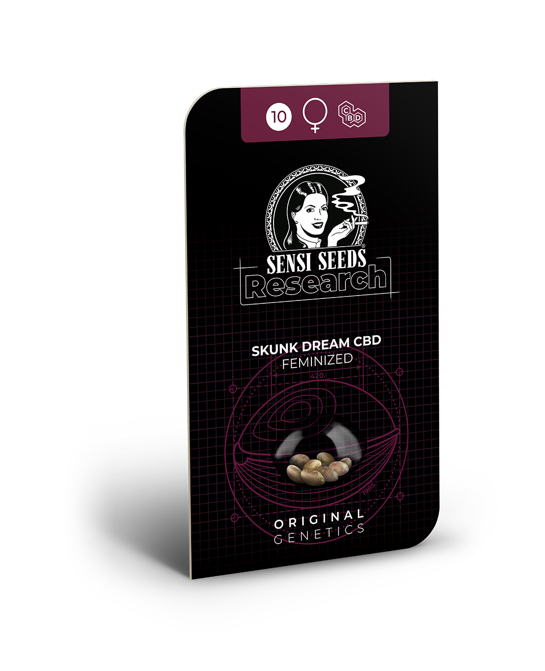 Obal produktu Sensi Seeds Research: feminizovaná semena Skunk Dream CBD, na kterém je vyobrazena retro žena s cigaretou, deset semen v průhledné kuličce a fialové designové prvky.
